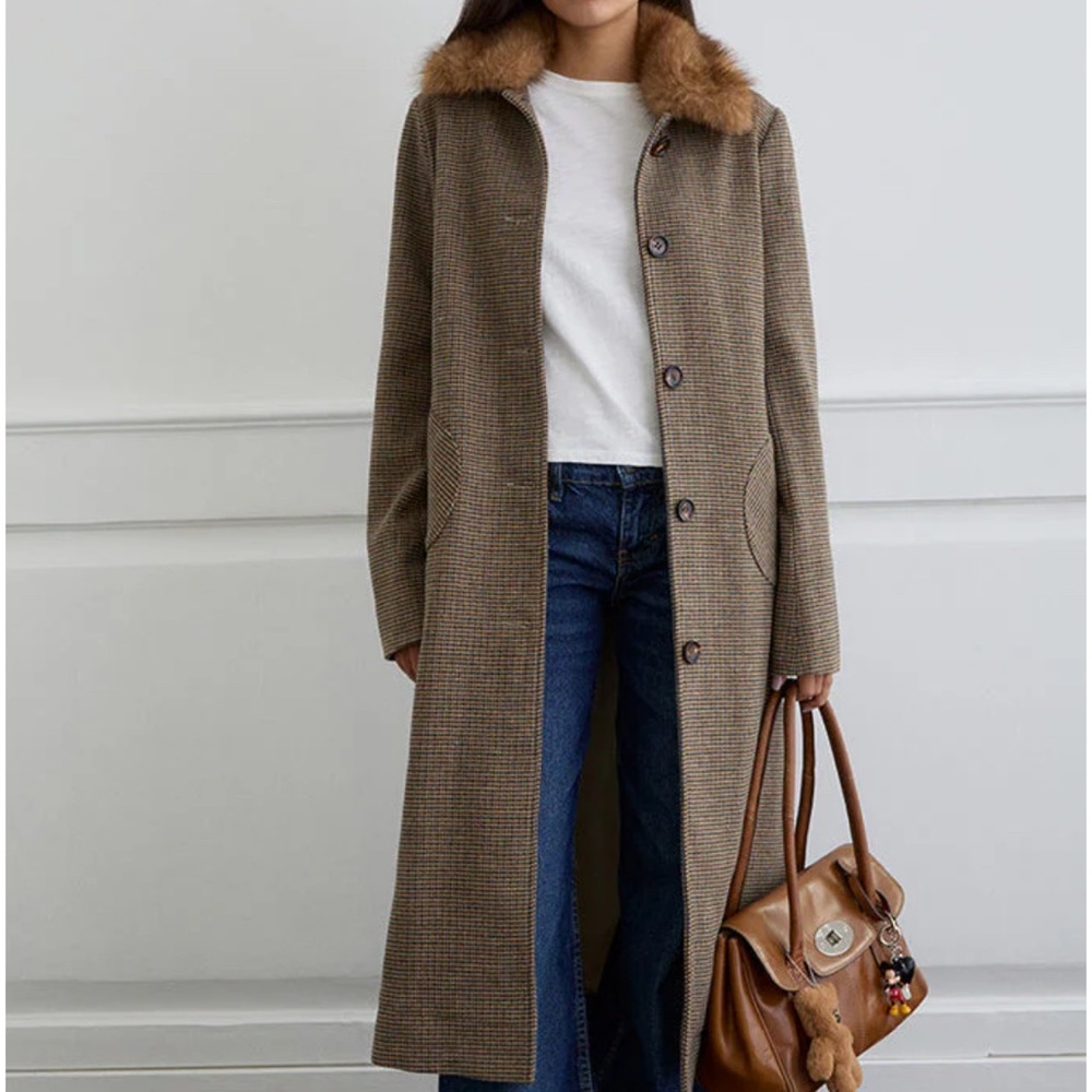 Motel rocks Norciel Longline Coat In Check Brown With Fur Collar - Picture 2 of 5